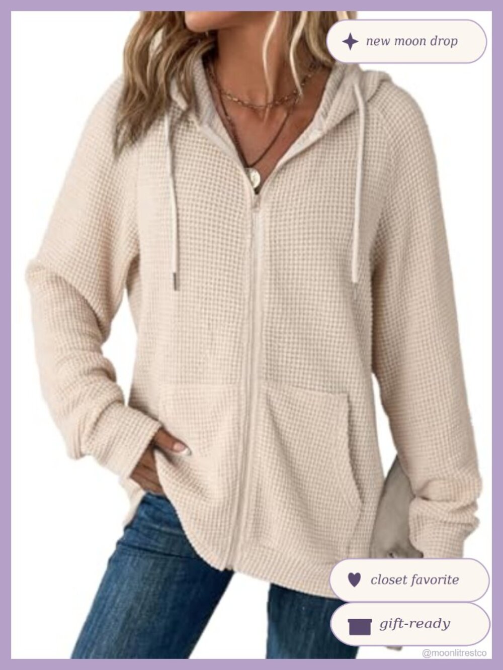 Waffle Knit Zip Up Hoodie Long Sleeve Sweatshirt Pockets